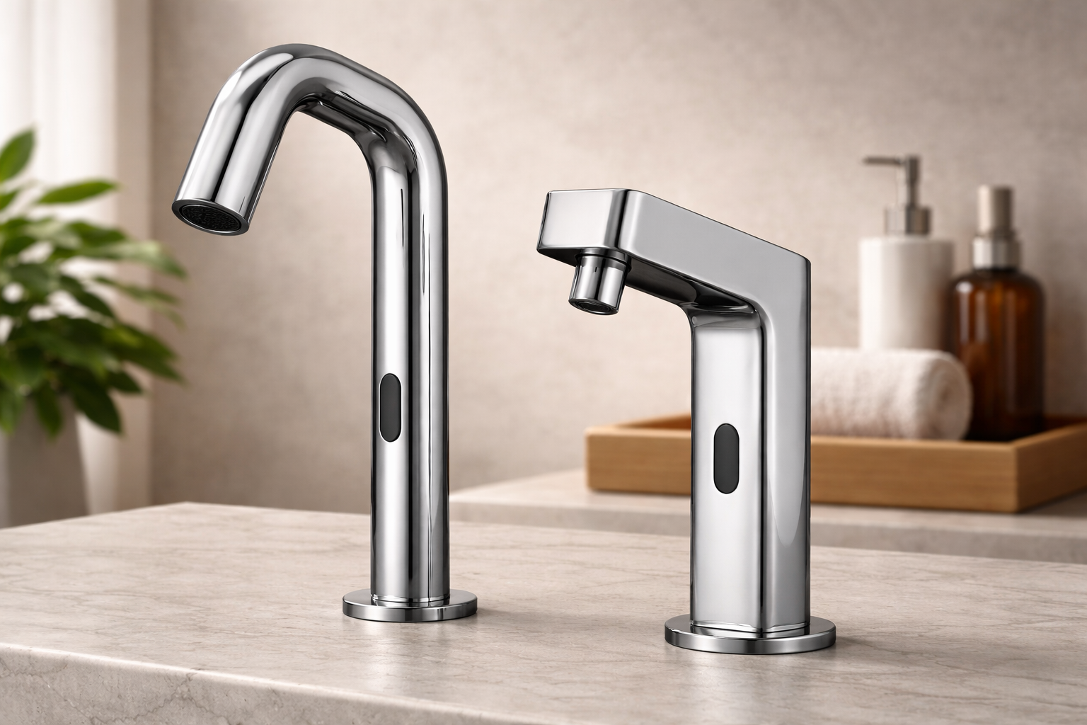 Touchless commercial faucet installed in modern restroom