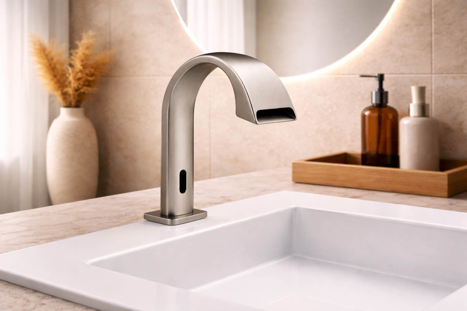 Busy public restroom with multiple touchless faucets