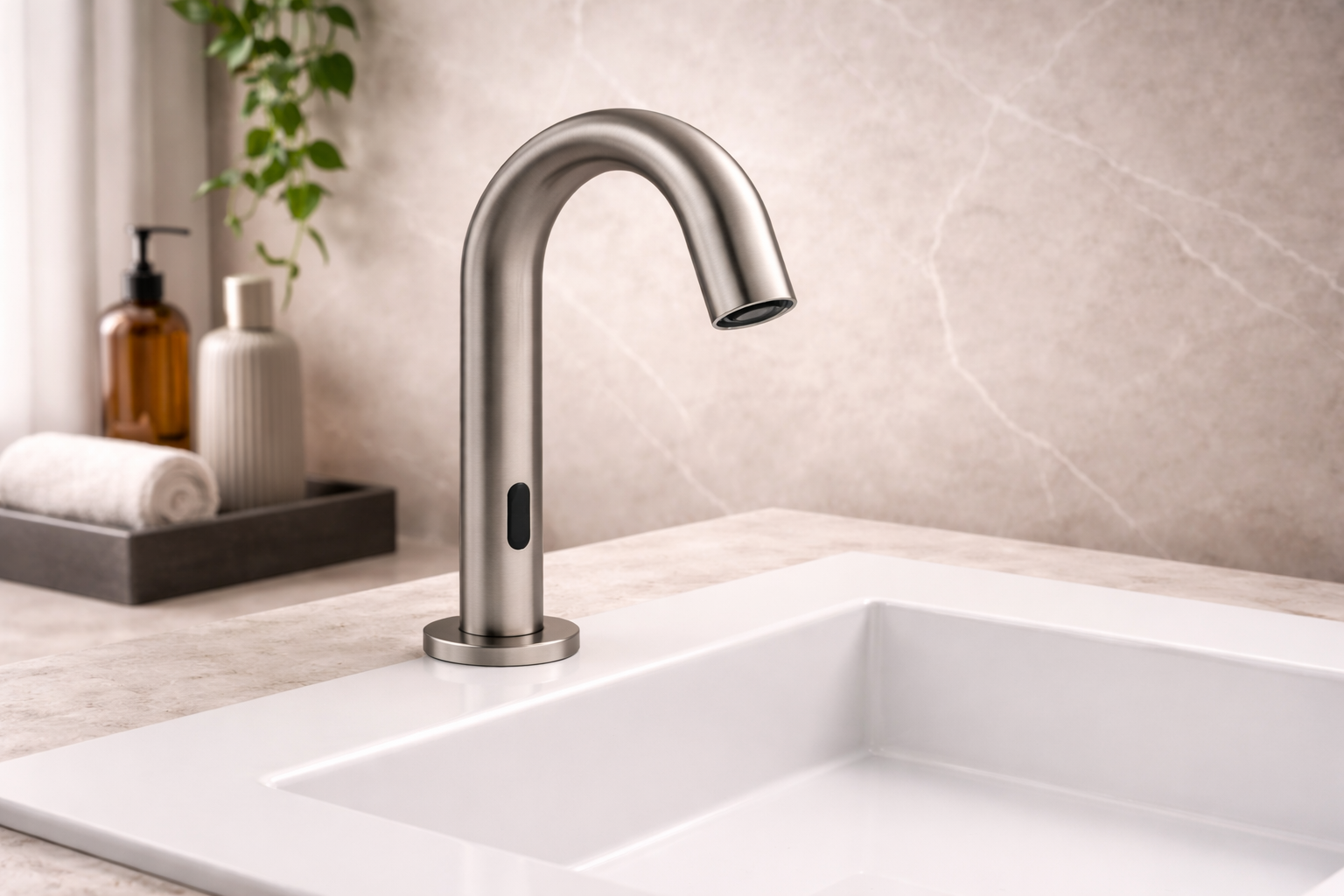Clean commercial sink with modern touchless faucet