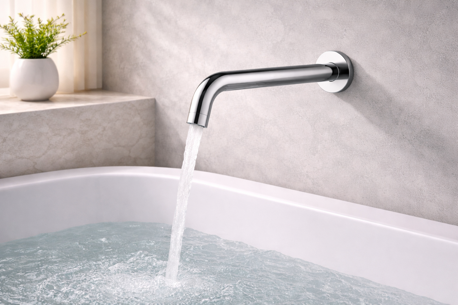 Modern commercial restroom with touchless hygiene fixtures and clean sink area