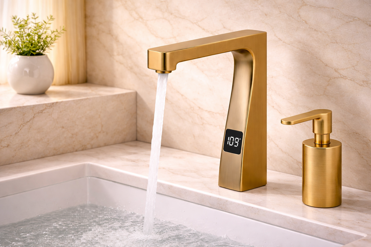 Modern bathroom sink with gold single hole faucet and clean countertop styling