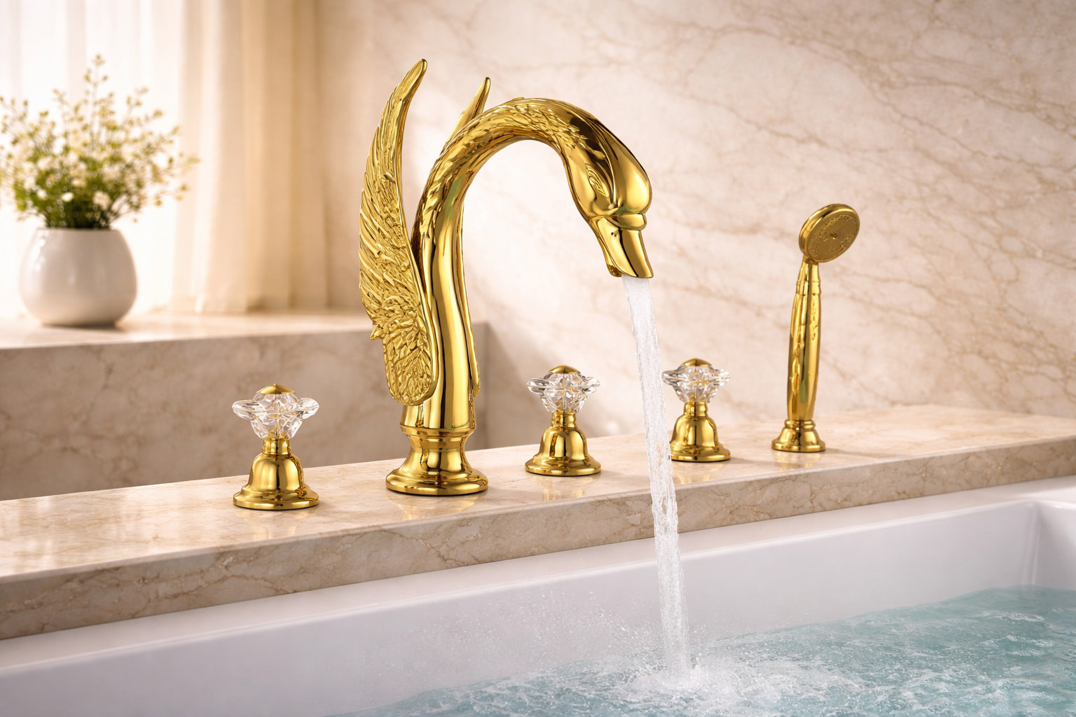 Freestanding bathtub filler installed in a modern bathroom with soaking tub