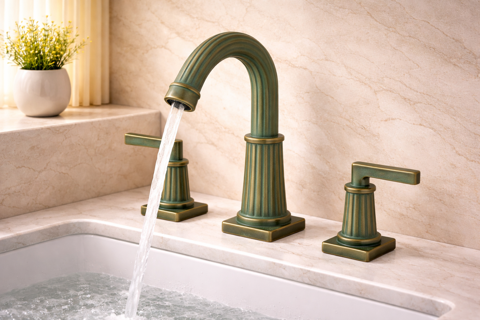 Elegant vanity area featuring modern sink fixtures and illuminated mirror