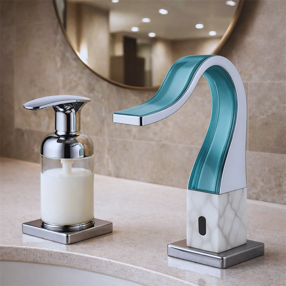 Hospital staff using a no-touch commercial faucet at a clinical handwashing station