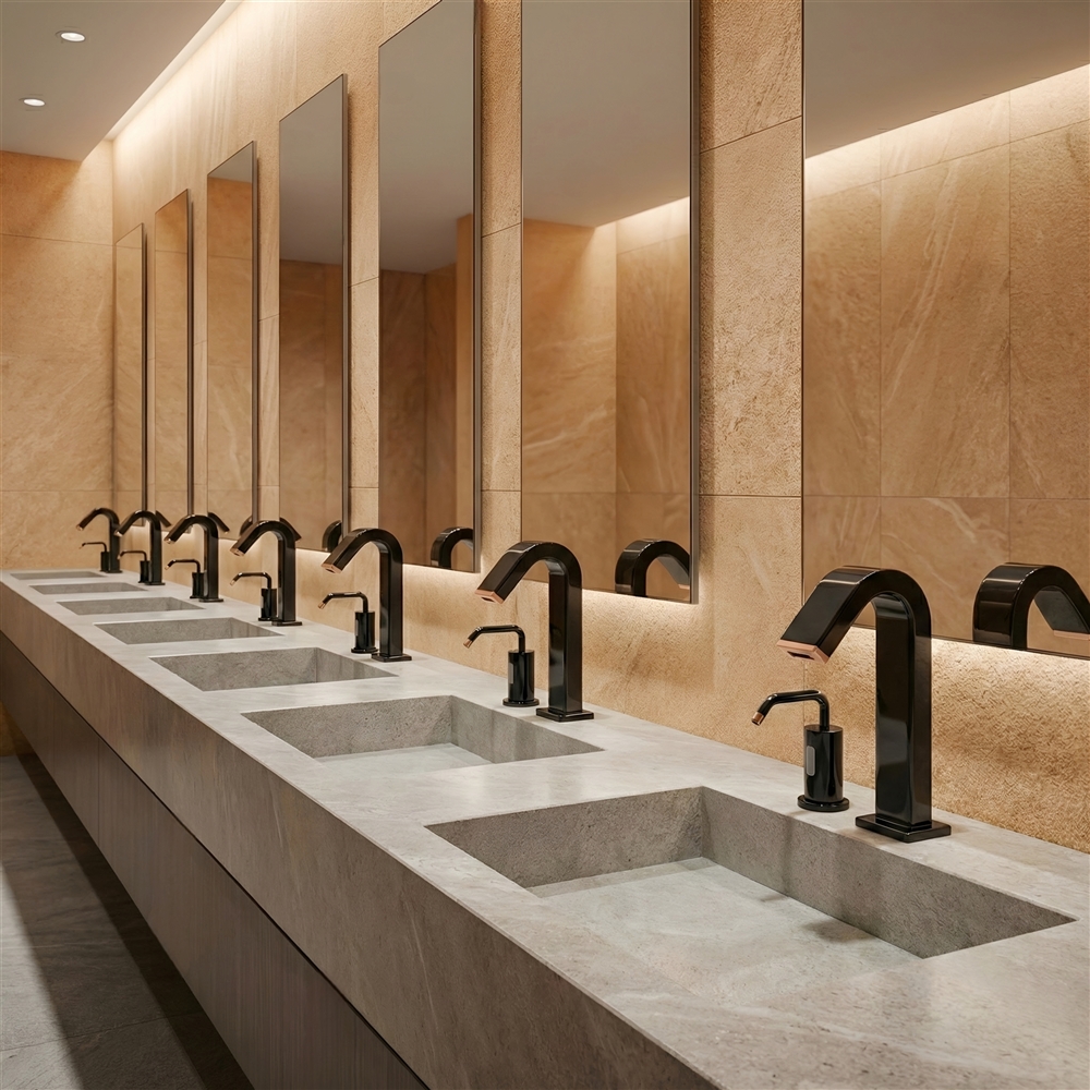 Premium modern touchless faucet in a clean commercial healthcare restroom