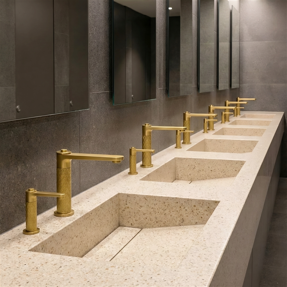 Modern editorial layout mockup for a commercial restroom fixture report with tables and image cards