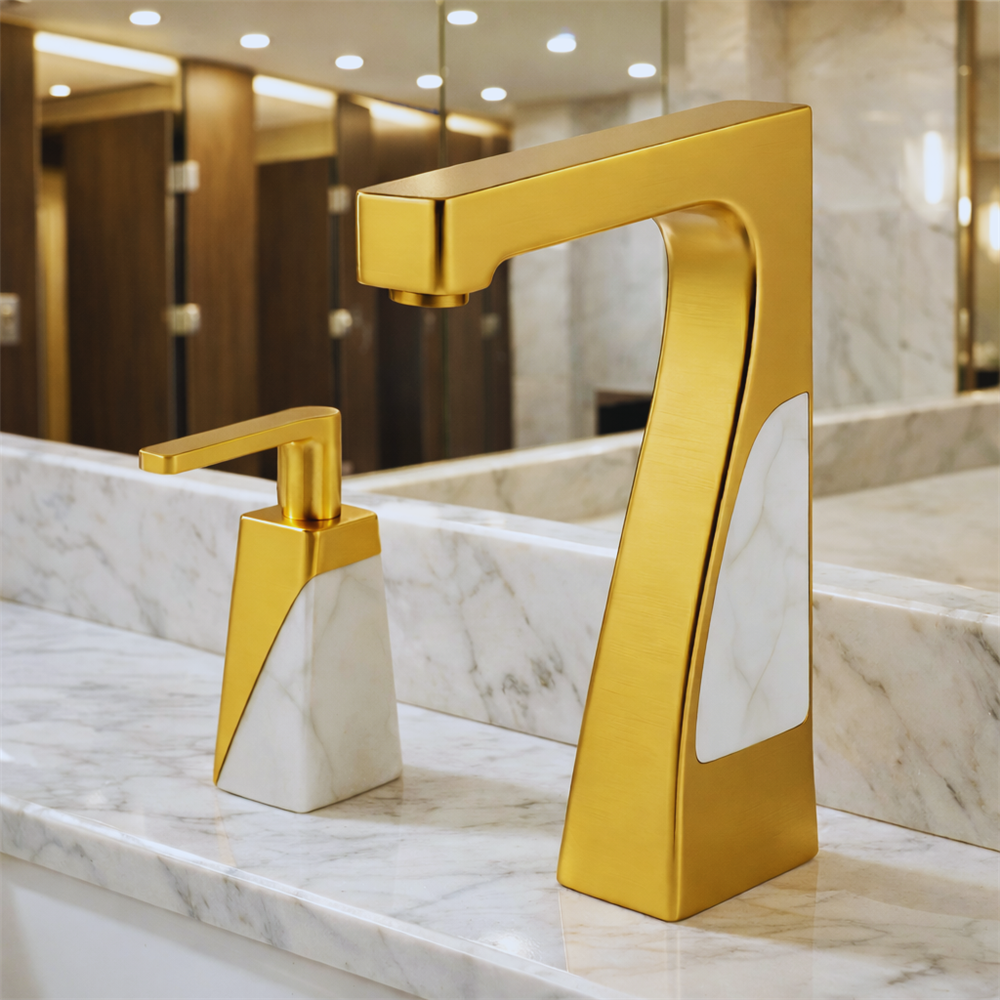 Row of commercial restroom sinks with touchless faucets in a high-traffic facility