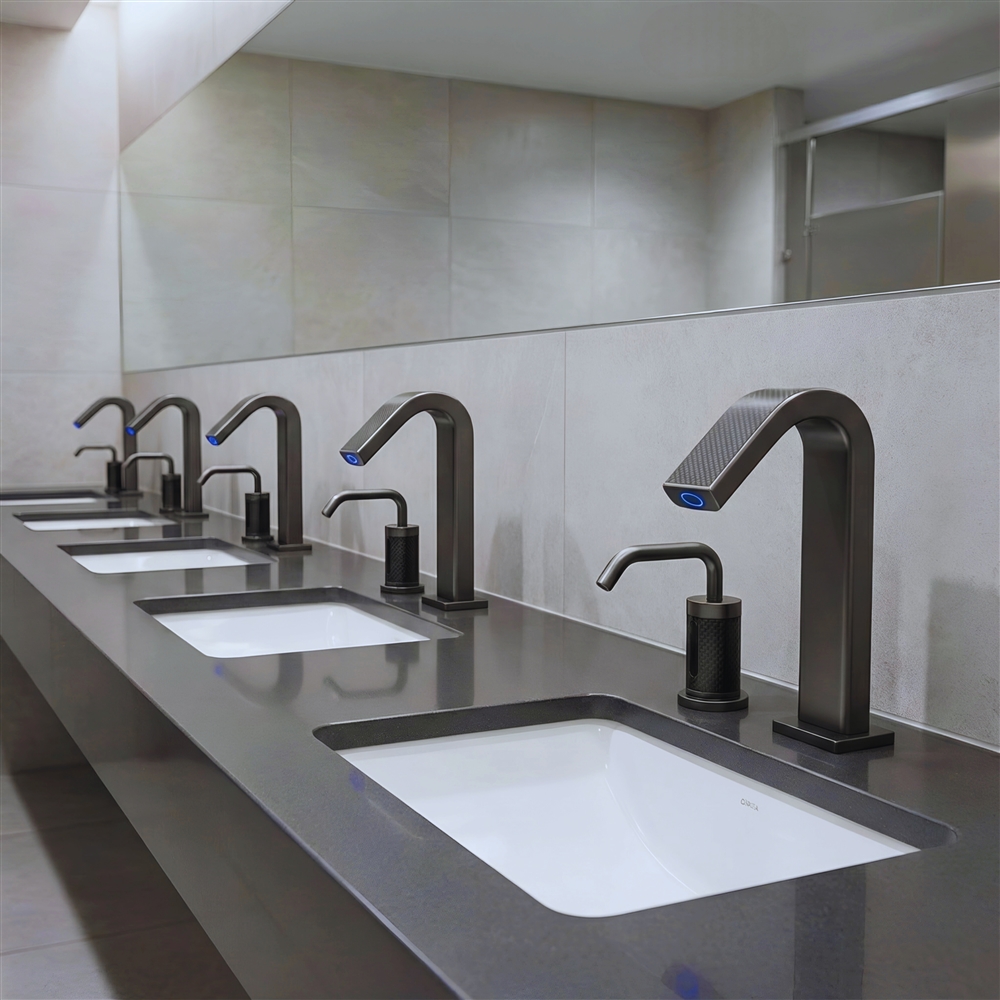 Design team presenting a fixture comparison board for stadium and arena restroom upgrades