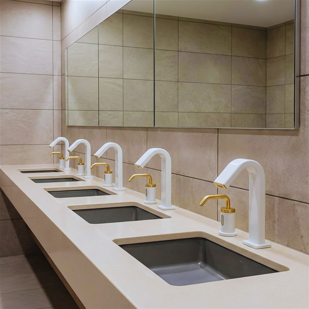 Transit station restroom fixture close-up showing robust sensor window and vandal-resistant outlet detail