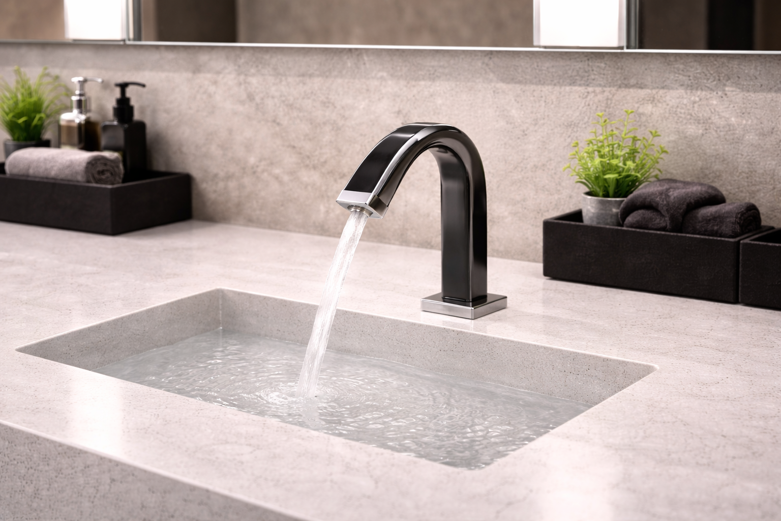 Elegant luxury bathroom interior featuring smart fixtures and warm ambient lighting