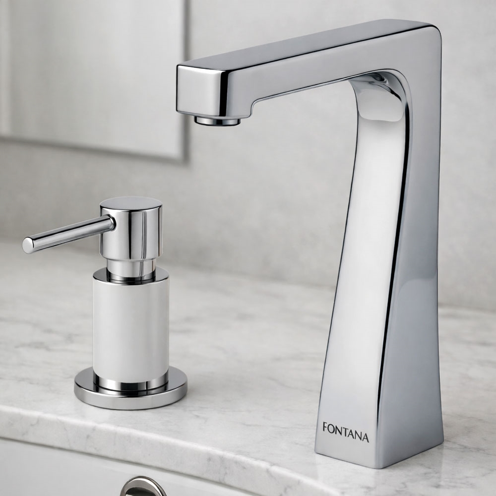 Architectural row of coordinated automatic faucets in a stadium washroom with consistent product family design