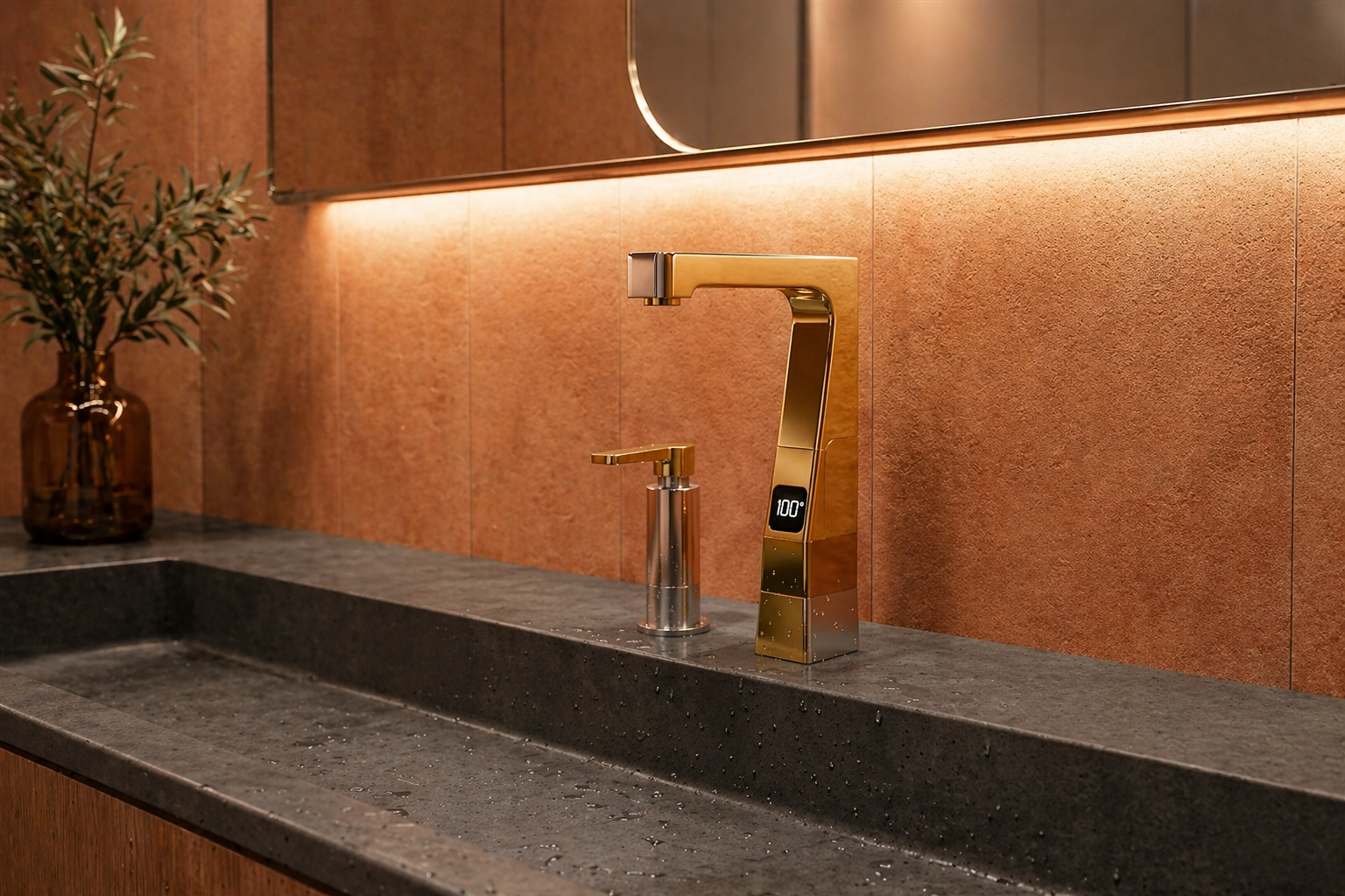 Architect reviewing technical product submittals for touchless lavatory faucet systems