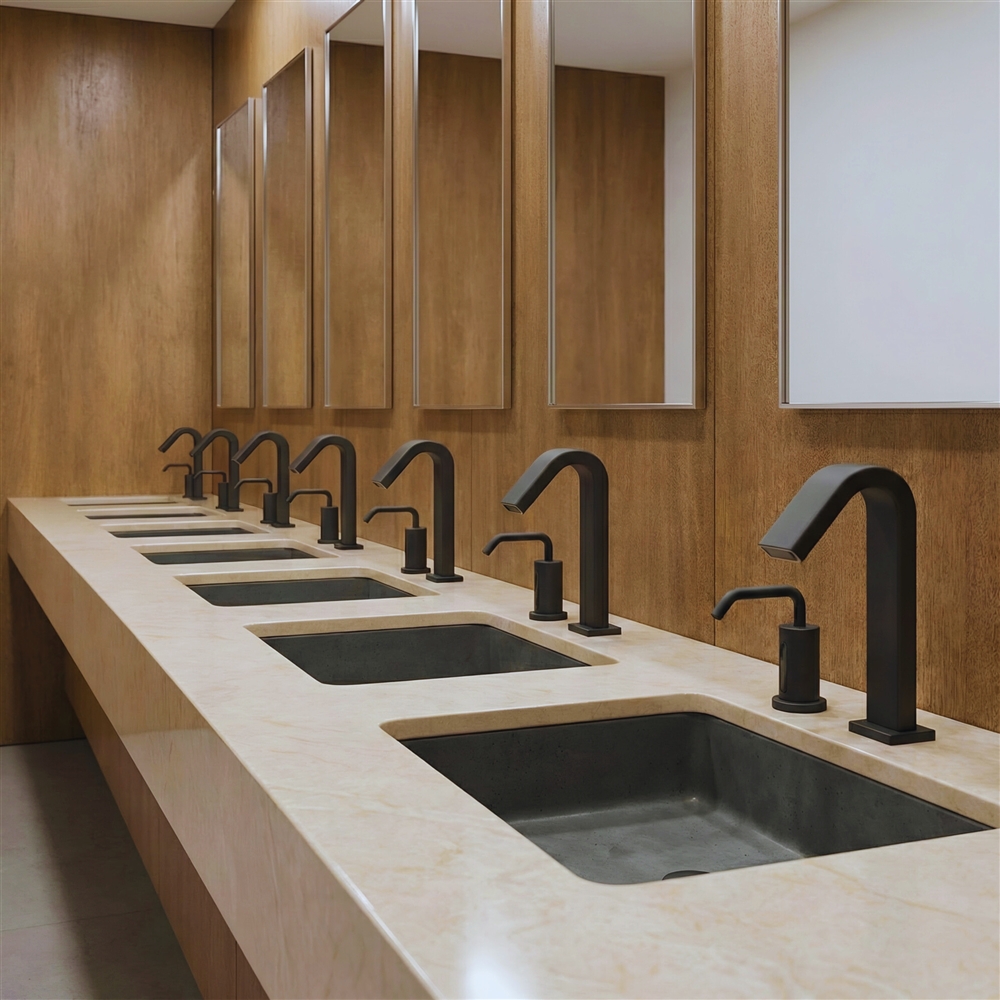 Arena restroom sink row designed for fast circulation during intermission with automatic faucets