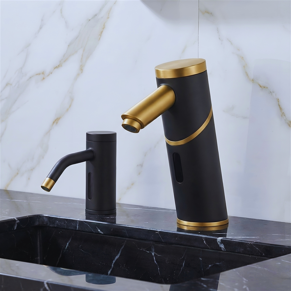 Premium commercial touchless faucet with modern sensor technology installed in a large public restroom