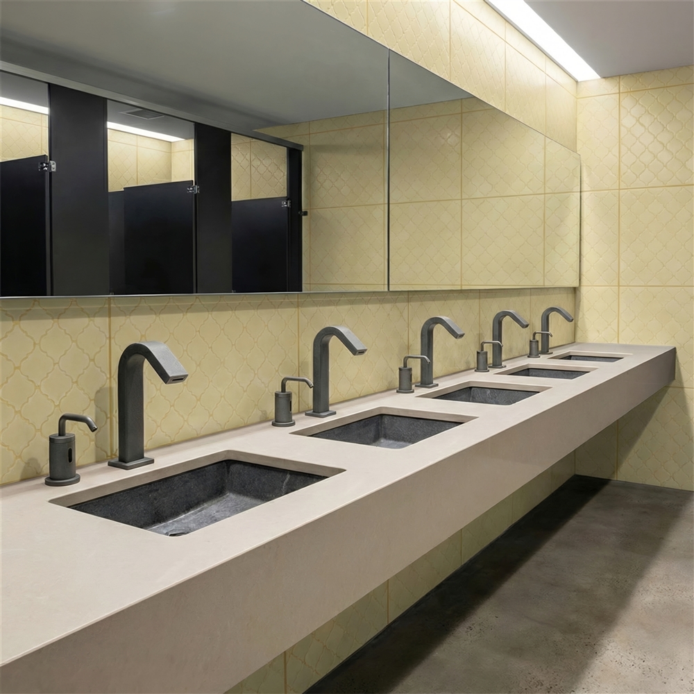 High-traffic stadium restroom with commercial touchless faucets installed along a long counter