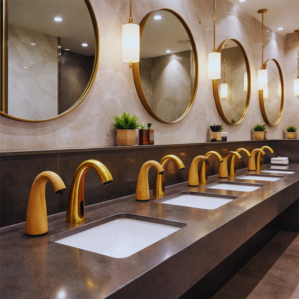 Modern transit hub washroom featuring vandal-resistant automatic faucets and durable sink fixtures