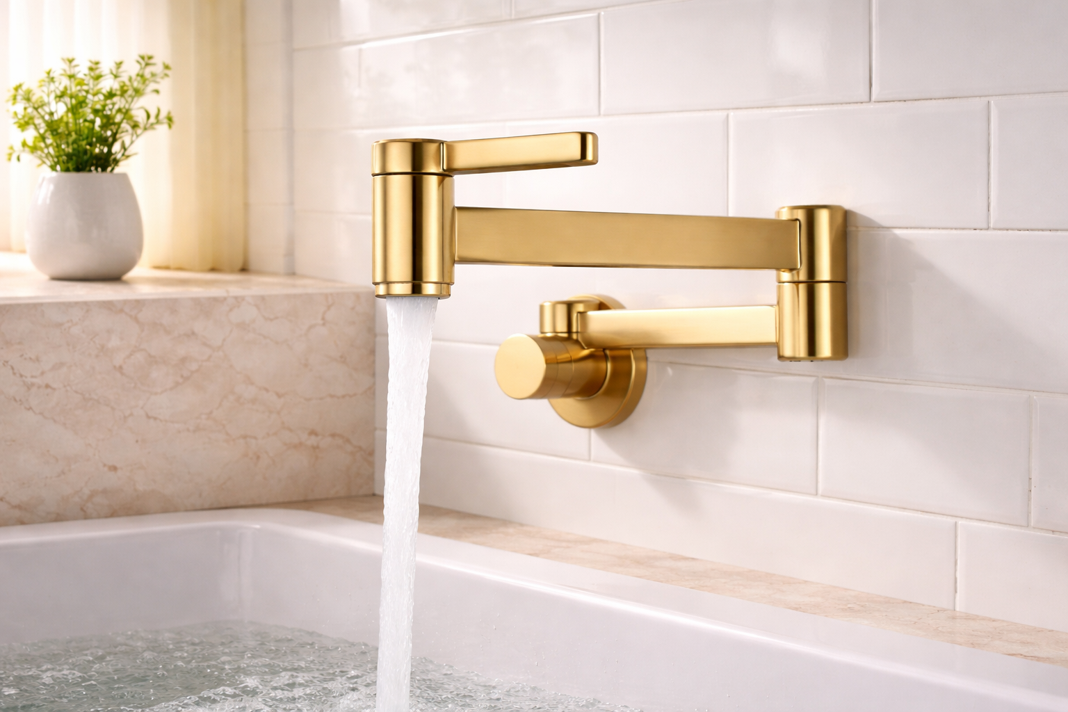 Deck-mounted bathtub faucet installed on a soaking tub in a modern bathroom
