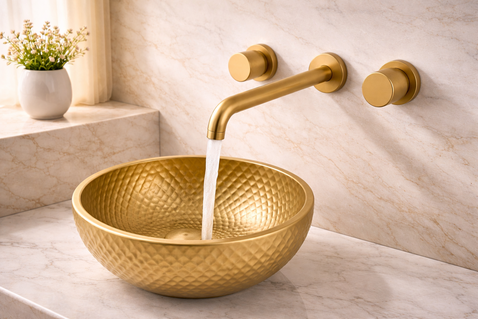 Contemporary luxury bathroom with floating vanity and warm metallic fixtures