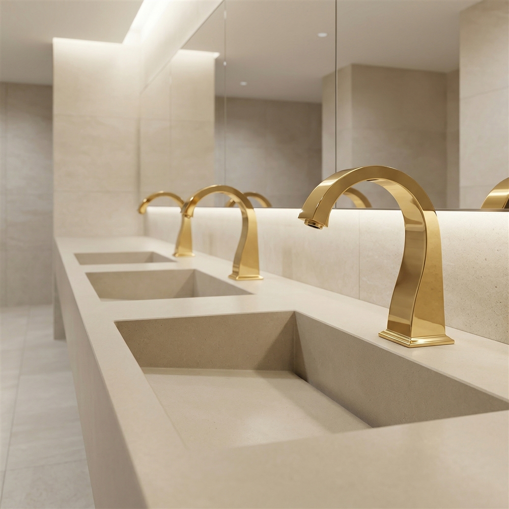 High-traffic commercial restroom vanity with multiple touchless sensor faucets installed in a public facility
