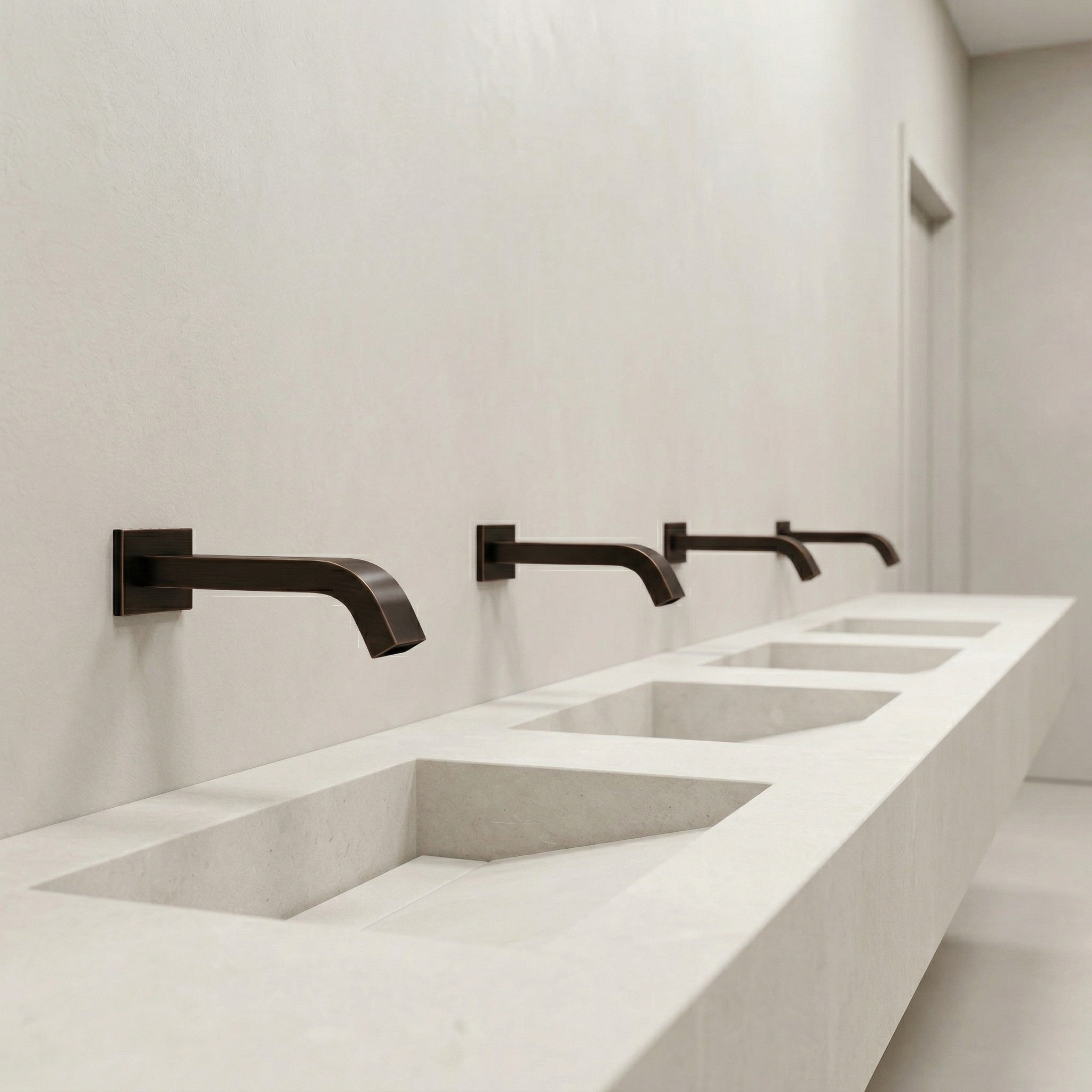 Commercial restroom sink deck with reflective surfaces and automatic faucets