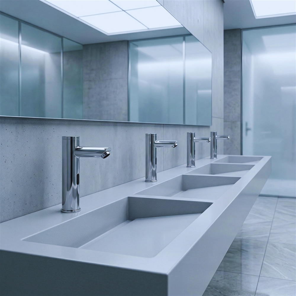 Maintenance technician checking a sensor faucet in a public restroom