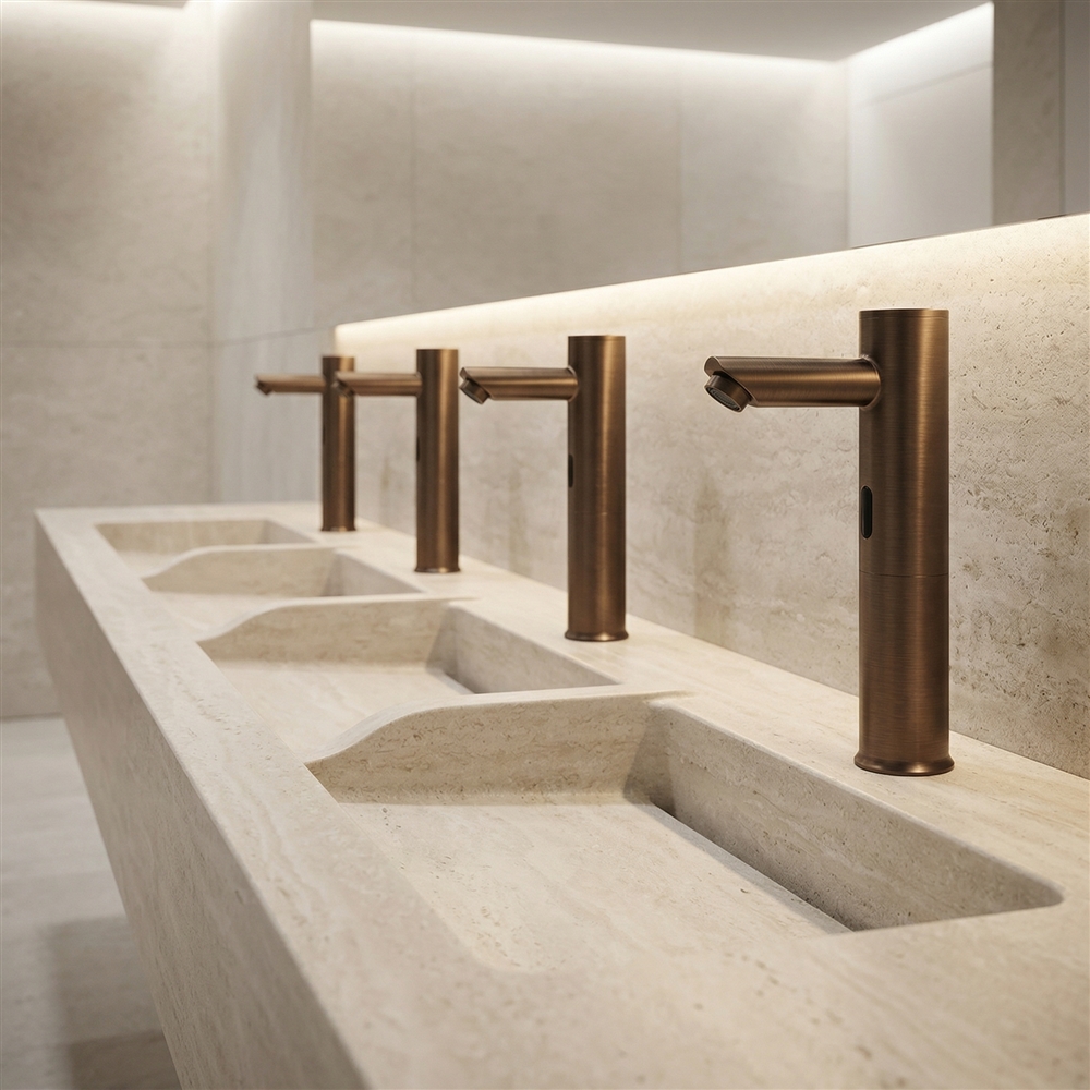 Hospital restroom with hygienic touchless faucet fixtures