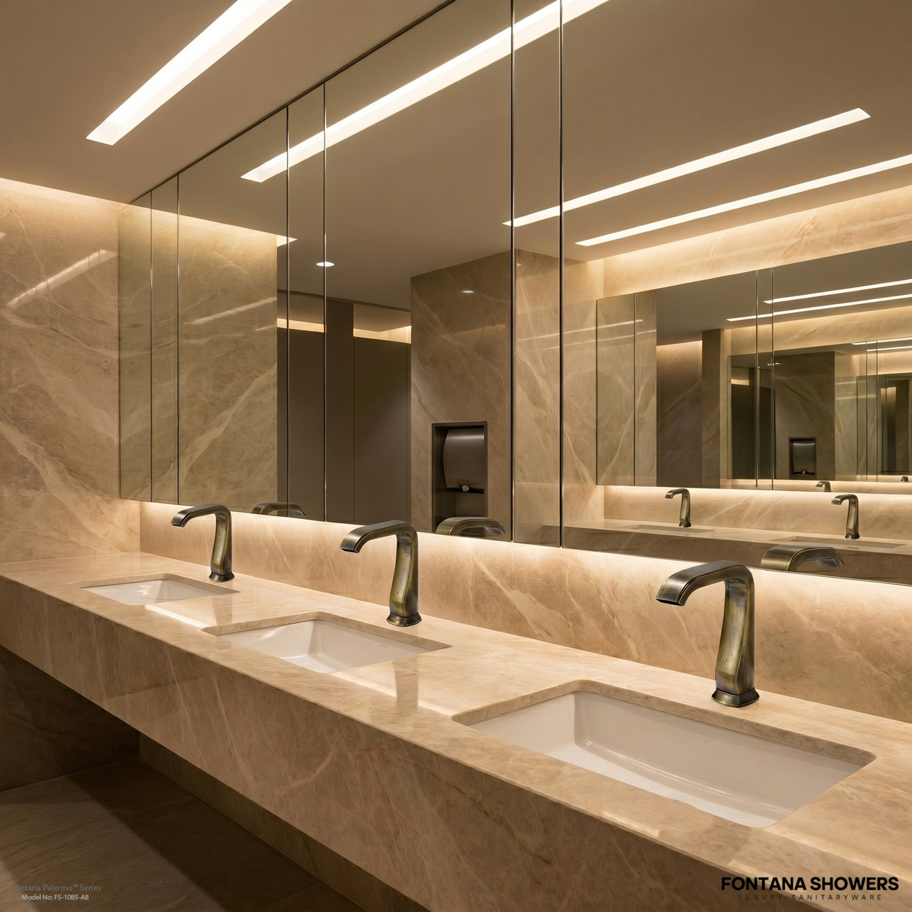 School restroom sink area with durable automatic faucets