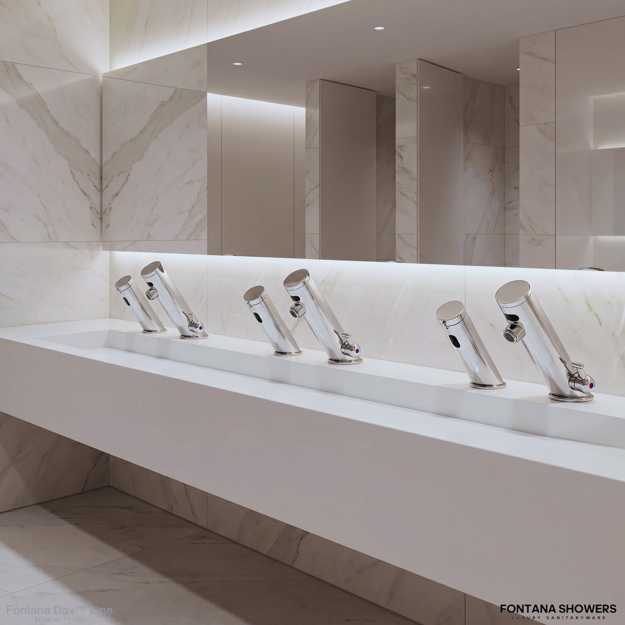 Airport restroom with commercial touchless faucets installed at multiple sinks