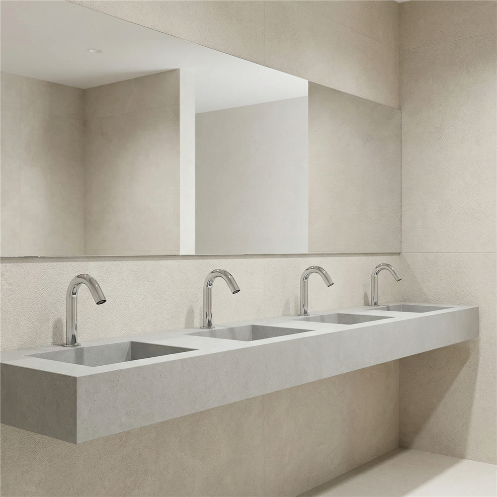 Commercial touchless faucet operating in a busy sink area