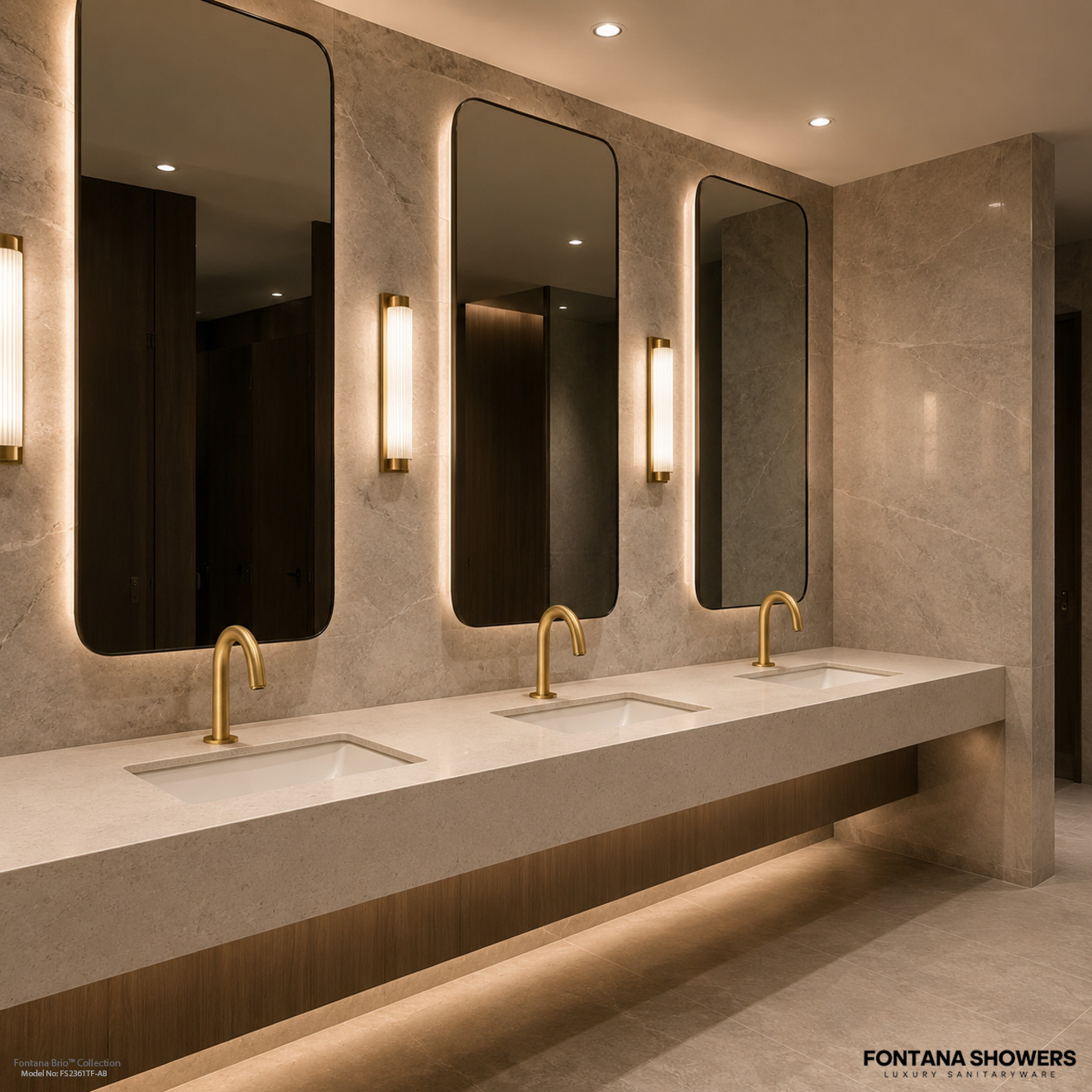 Architect reviewing commercial touchless faucet specifications for a public restroom project