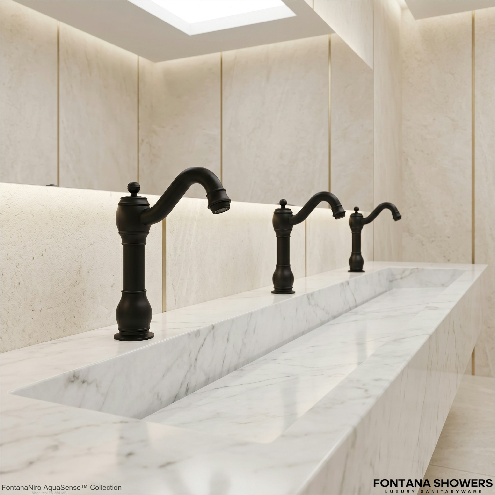 Commercial touchless faucet with sensor activation in a clean public restroom