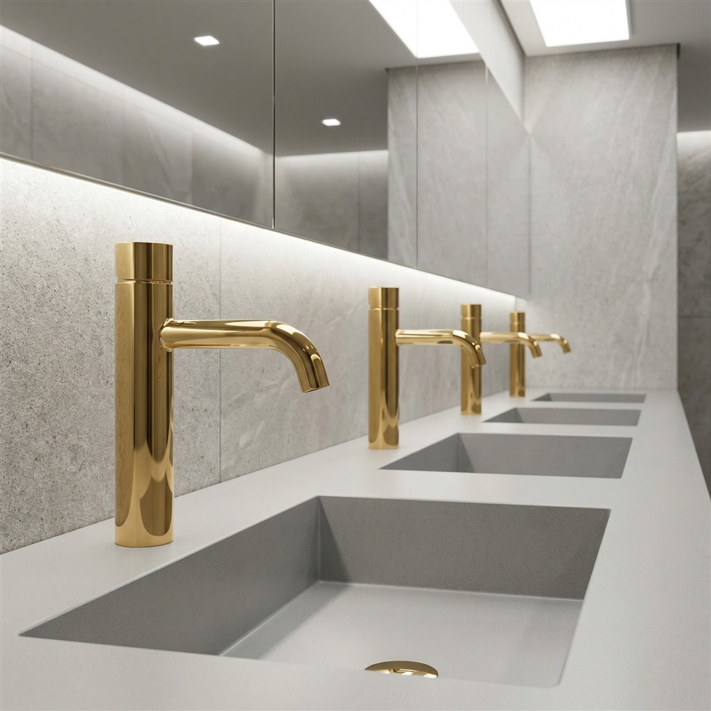 Modern commercial restroom sink deck with touchless sensor faucets and pale blue design accents