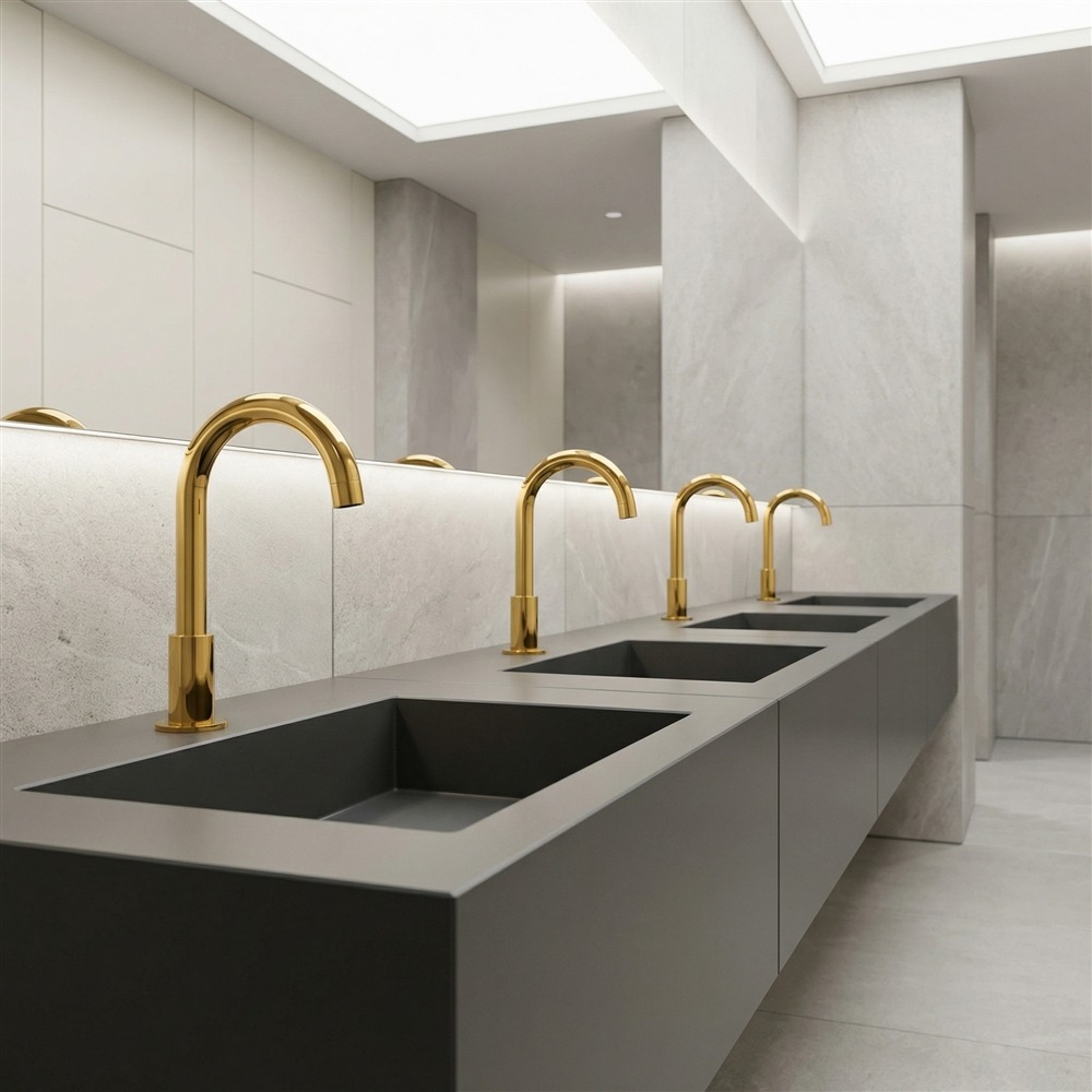 Specifier reviewing commercial restroom faucet options for hospitality office and healthcare restroom projects