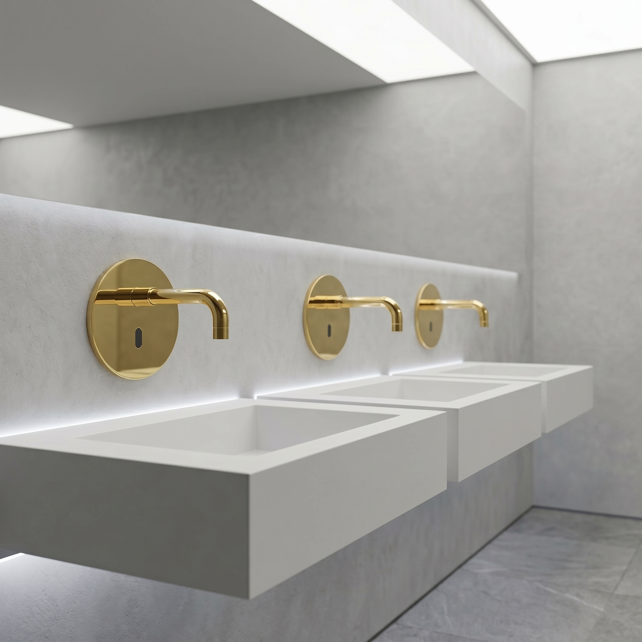Fontana wall-mounted gold touchless faucet system in a large commercial restroom