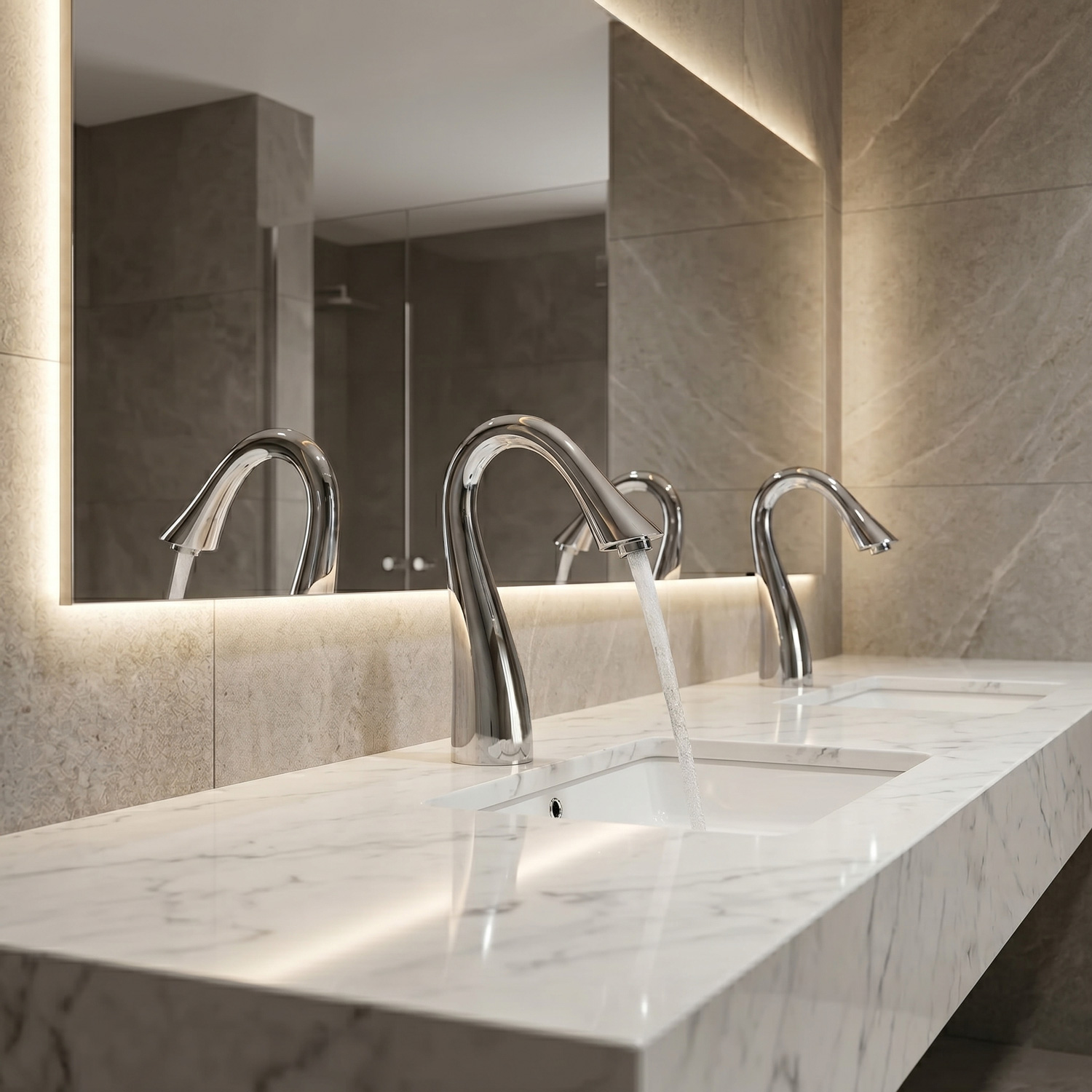 Chrome Fontana touchless faucets in a clean commercial restroom counter
