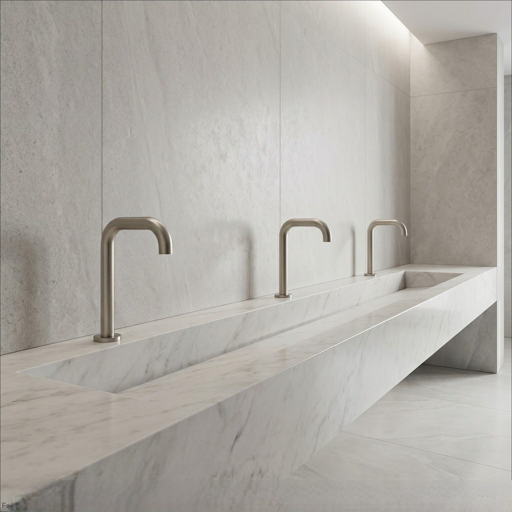 Space-saving bathroom layout with compact sink and stylish faucet
