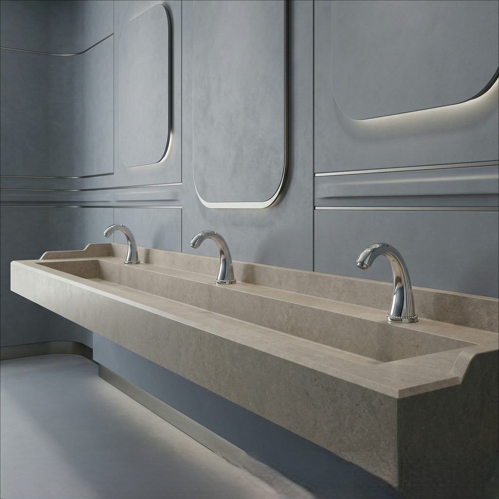 Accessible commercial restroom handwashing area with sensor-operated touchless fixtures