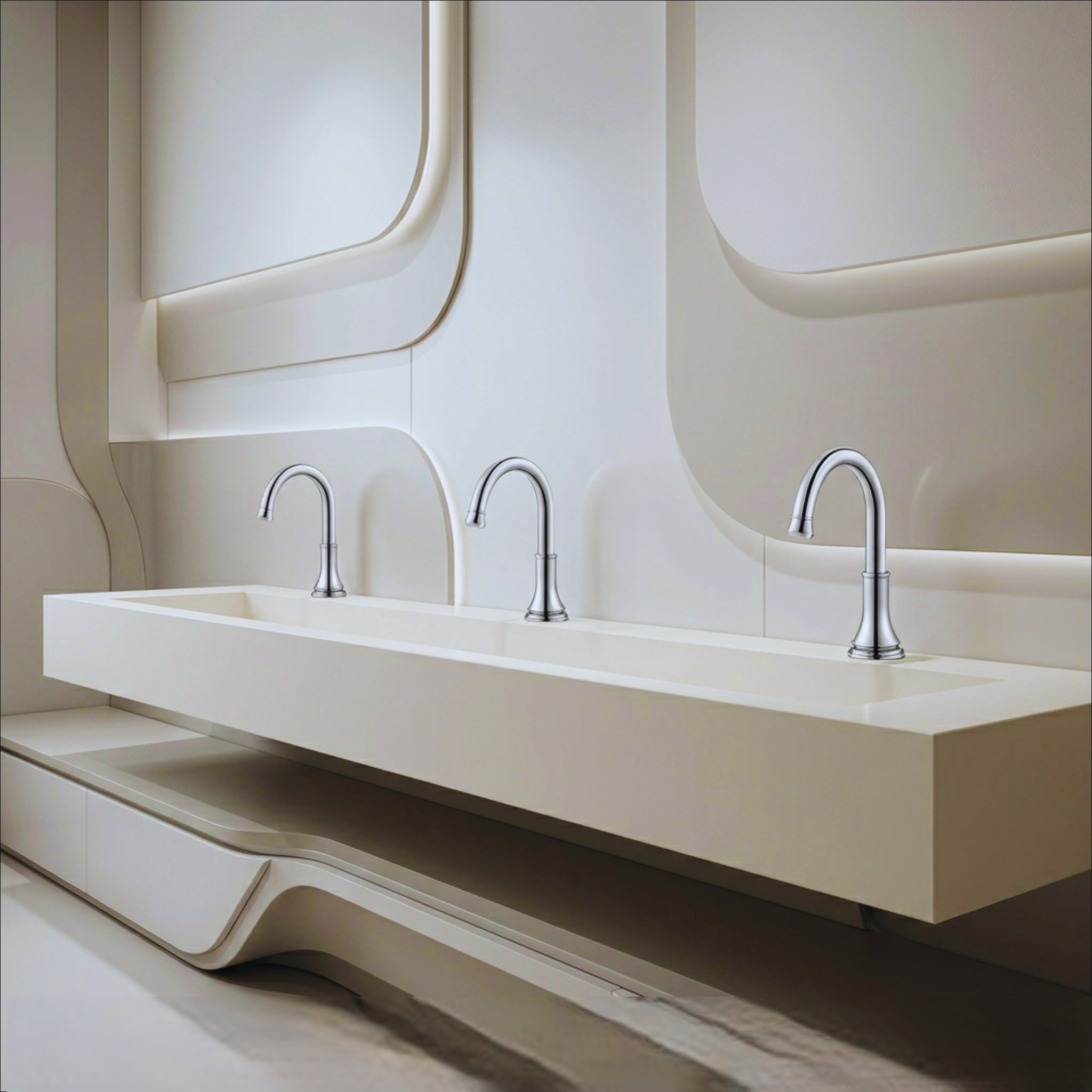 Arena restroom sink row designed for fast circulation during intermission with automatic faucets