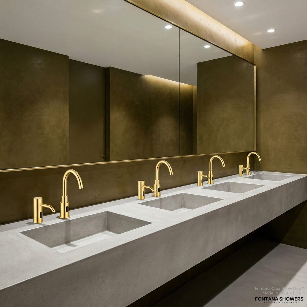 Contemporary luxury bathroom vanity with warm metallic faucet and modern floating cabinetry