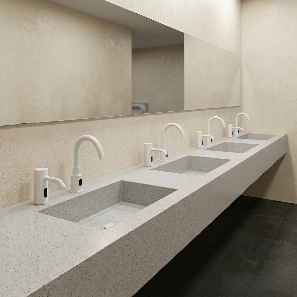 Healthcare-grade touchless faucet with sealed sensor electronics and auto-purge function