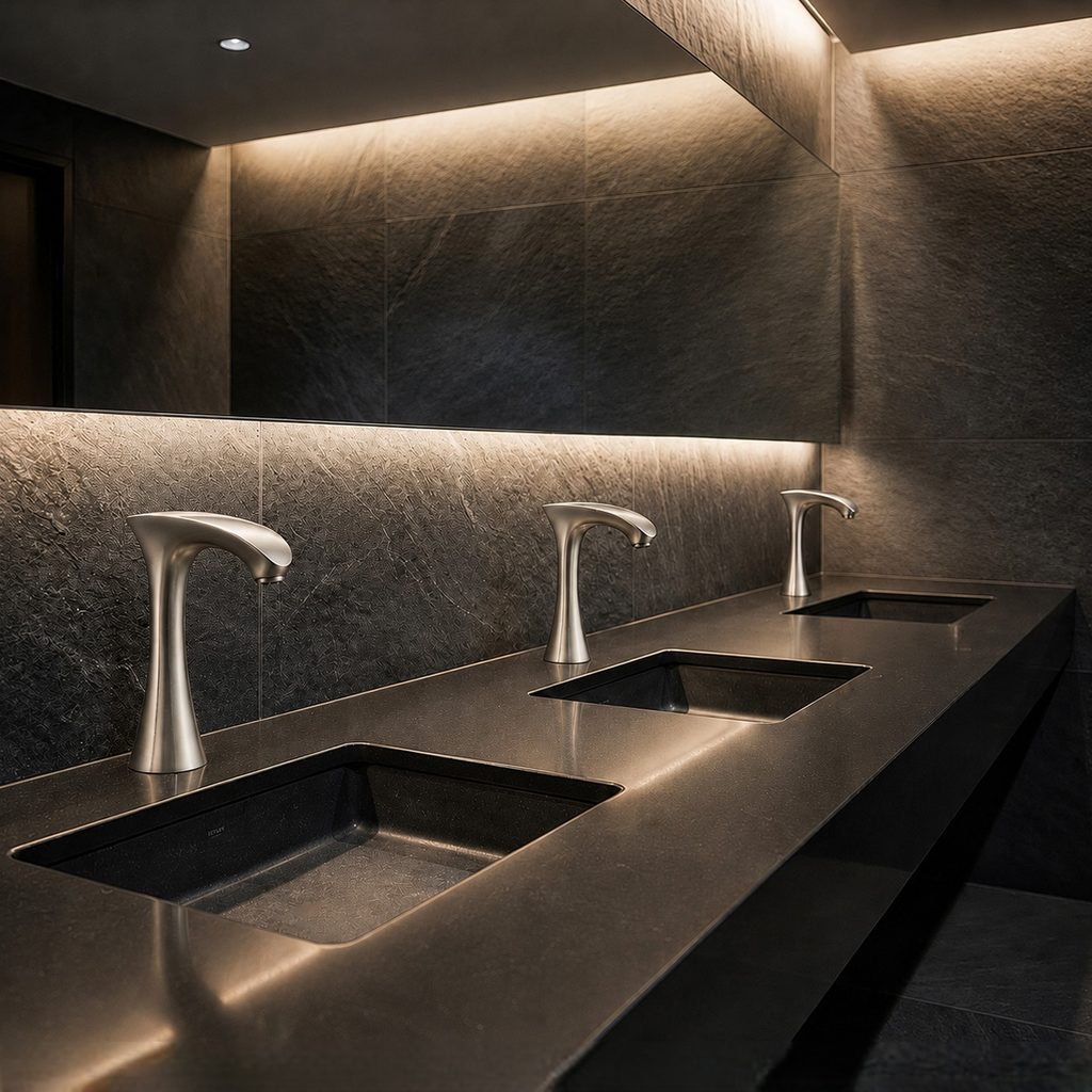 Architect reviewing healthcare restroom faucet specifications and BIM documentation