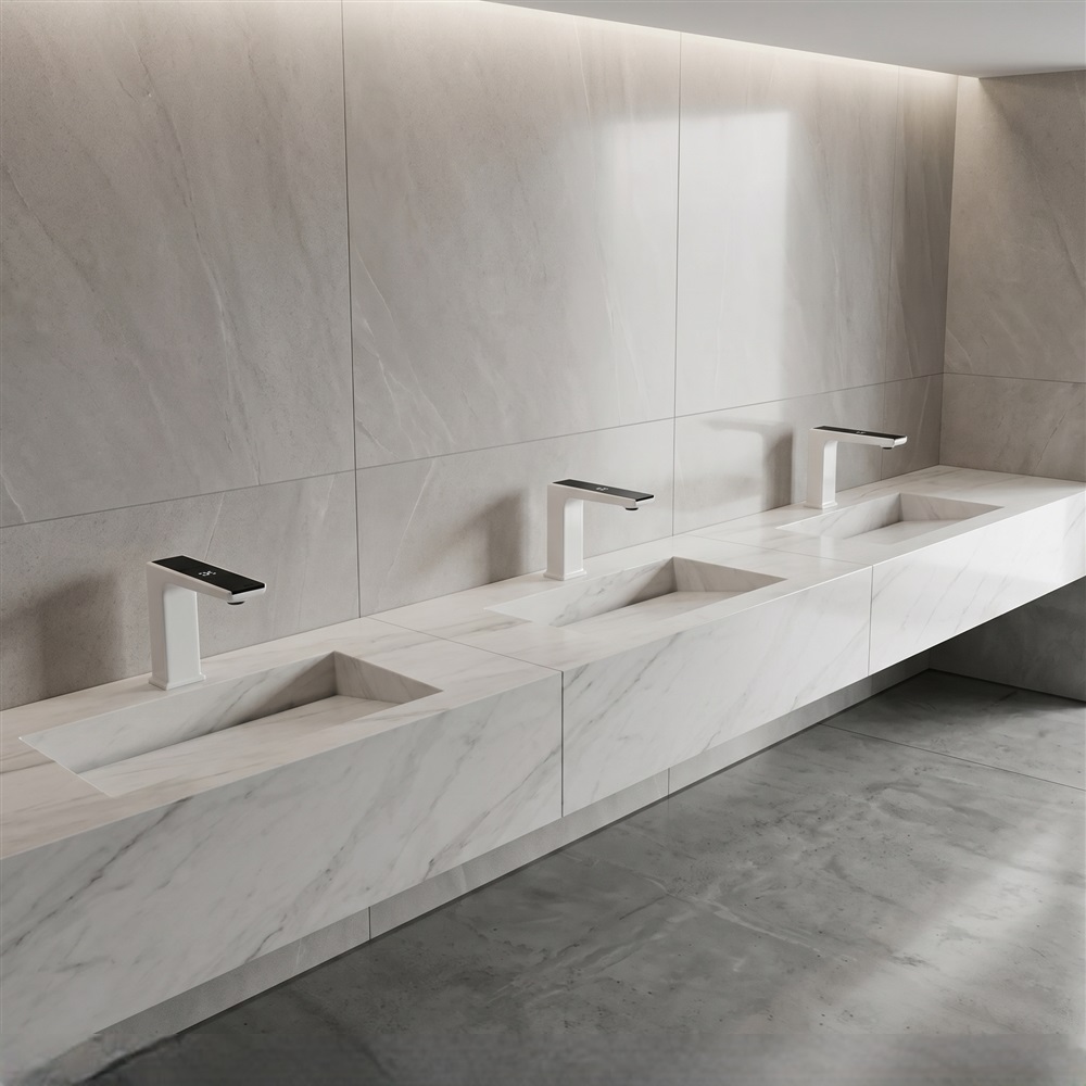 Touchless commercial faucet installed in modern restroom