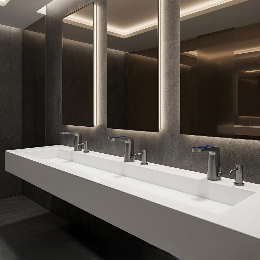 Healthcare facility manager checking touchless faucet maintenance and flushing requirements