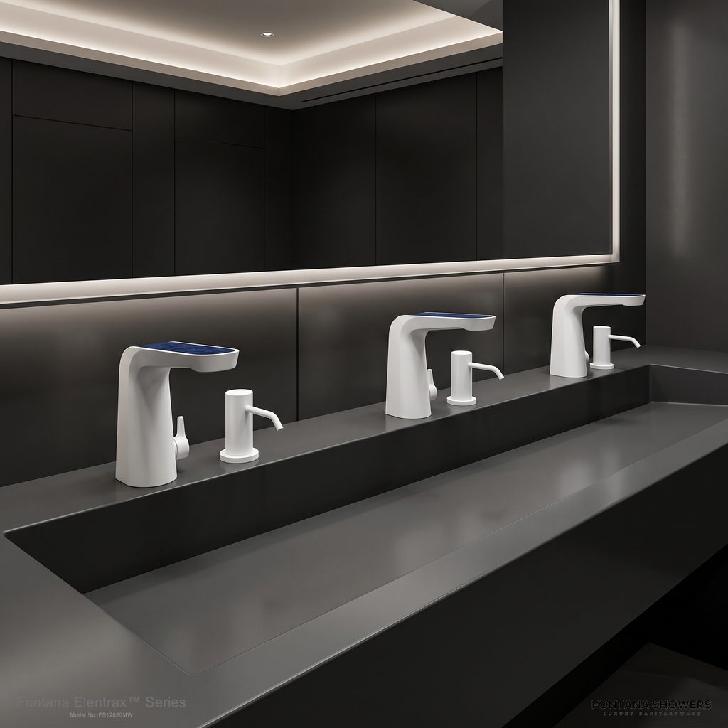 Modern healthcare restroom with touchless faucet and clean white counter
