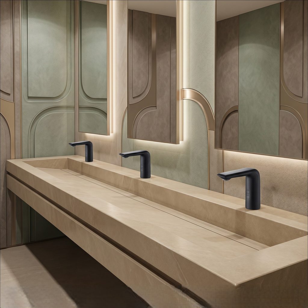 Busy public restroom with multiple touchless faucets