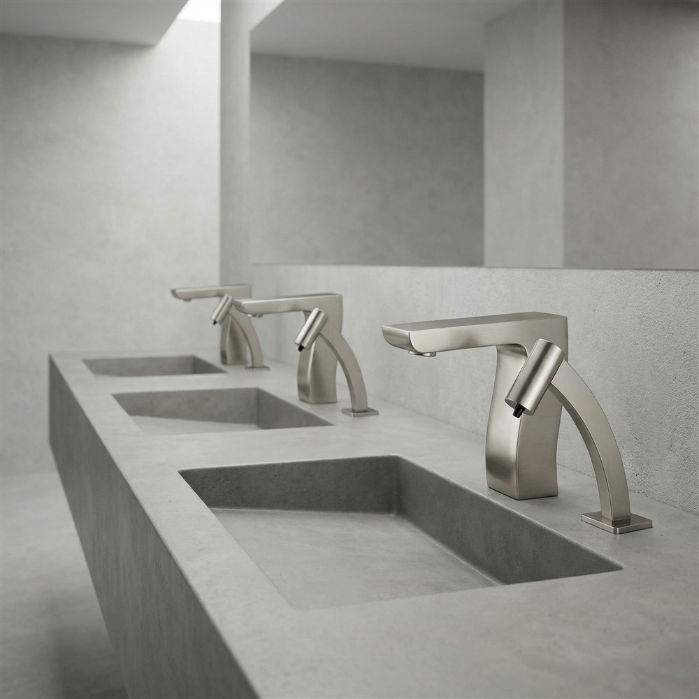 Close-up of commercial touchless faucet sensor, solenoid, and serviceable components