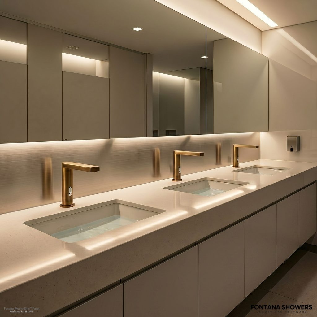 Clean commercial sink with modern touchless faucet