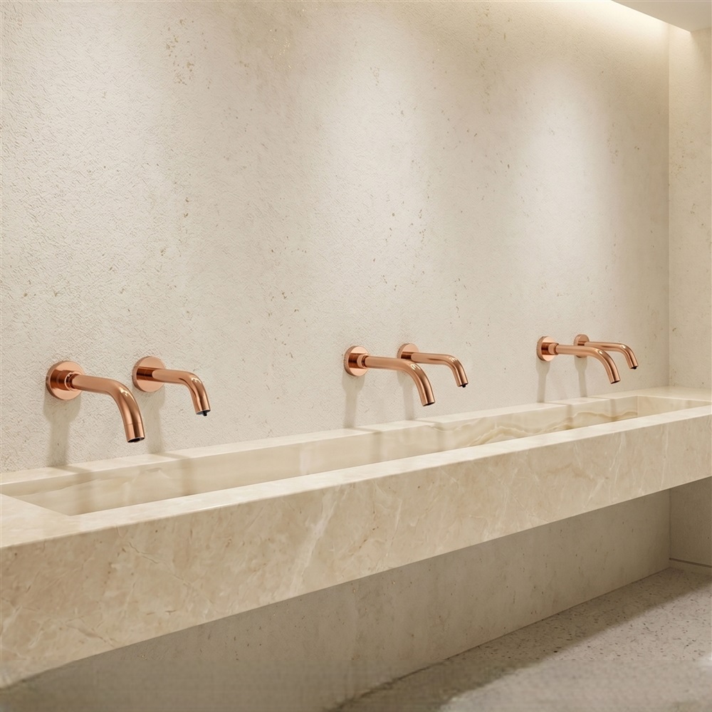 Elegant luxury bathroom interior featuring smart fixtures and warm ambient lighting