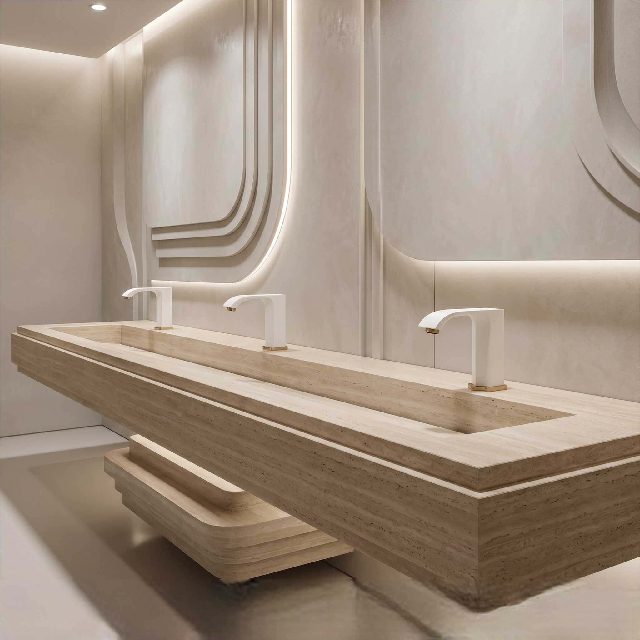 Finished healthcare restroom with blue and white design and modern touchless faucets