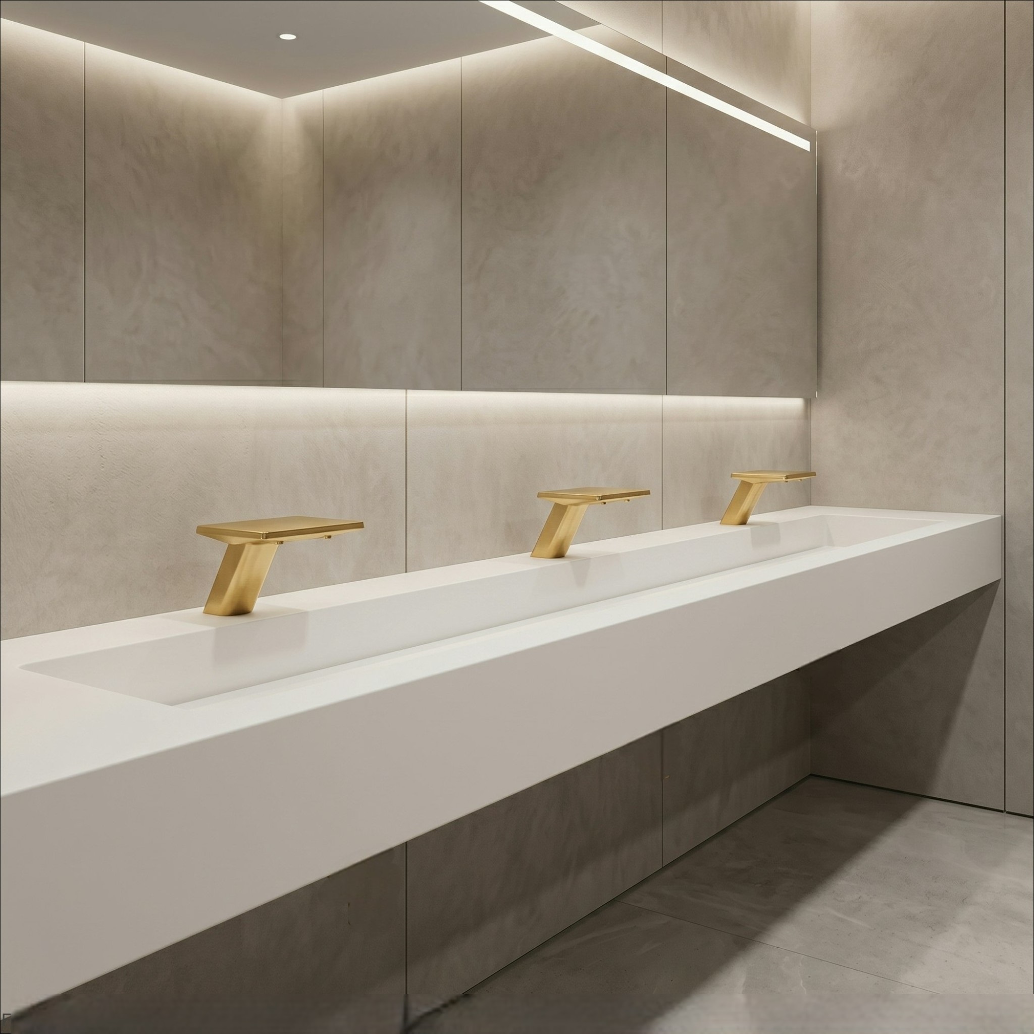 Premium airport lounge restroom with design-led touchless fixture specification